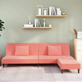 3081836 vidaXL Sofá-cama de 2 lugares c/ 2 almofadas/apoio pés veludo rosa