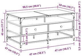 Mesa de centro c/topo de vidro 98,5x50x45cm carvalho fumado aço