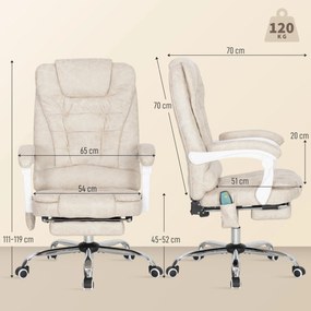 Cadeira de escritório com função de massagem e aquecimento, altura ajustável, encosto reclinável, 65 x 70 x 111–119 cm, creme
