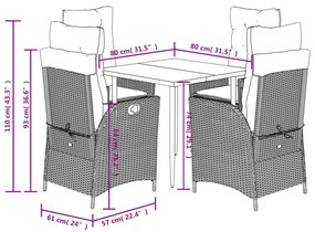 5 pcs conjunto de jantar p/ jardim c/ almofadões vime PE cinza