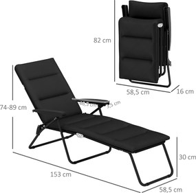 Espreguiçadeira dobrável com 6 posições de inclinação, com colchão + apoios de braços em aço e poliéster, 153 x 58,5 x 89 cm, preta