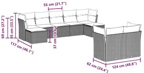 9 pcs conjunto sofás p/ jardim c/ almofadões vime PE castanho