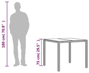 Mesa de jardim com tampo de vidro 90x90x75 cm vime PE cinzento