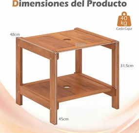 Mesa apoio de madeira para jardim com 2 níveis de arrumação e orifício para guarda-sol de 4 cm (51 x 48 x 45 cm), ideal para pátio, terraço ou varanda
