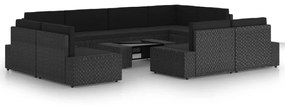 vidaXL 10 pcs conjunto lounge de jardim c/ almofadões vime PE preto