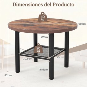Mesa de Centro Redonda, 60 x 60 x 42 cm, Arrumação em 2 Níveis, Castanho+Preto
