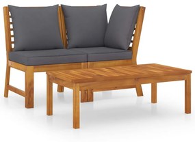 vidaXL 3 pcs conjunto lounge jardim c/ almofadões cinza-escuro acácia