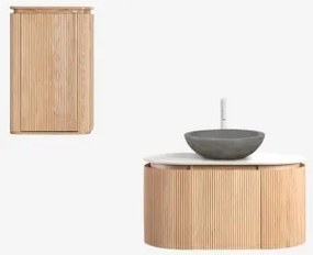 Conjunto De Móvel De Casa De Banho Suspenso 90x50 Cm Em Madeira Carsone Madeira Natural & Madeira Natural & Cimento Cinzento Redondo Ø40 Cm - Sklum