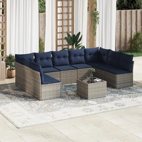 vidaXL 10 pcs conjunto sofás p/ jardim c/ almofadões vime PE cinzento