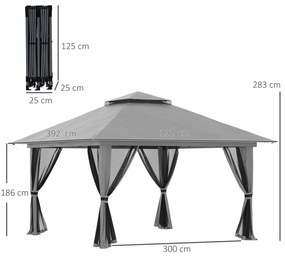 Tenda Dobrável Pop-UP 3,92x3,92x2,83 m com 4 x Sacos de areia e com Altura Ajustável Proteção UV50+ Rede Mosquiteira e Bolsa de Transporte Cinza