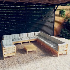 vidaXL 12 pcs conjunto lounge jardim c/ almofadões creme pinho maciço