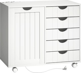 HOMCOM Móvel para Impressora com Estação de Carga e Rodas 5 Gavetas Portas USB Prateleira Ajustável Branco | Aosom Portugal