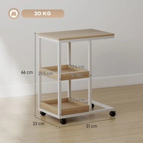 Mesa Auxiliar em Forma de C com Rodas Prateleiras Abertas e Estrutura em Aço para Sala ou Quarto 51x33x66 cm Madeira e Branco