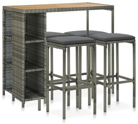 5 pcs conjunto de bar p/ jardim c/ almofadões vime PE cinzento