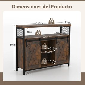 Armário aparador para cozinha ou sala com arrumação e  Estantes ajustáveis de 3 níveis Portas de correr em forma de celeiro Castanho rústico