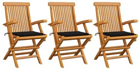 Cadeiras de jardim c/ almofadões pretos 3 pcs teca maciça