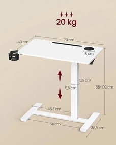 Mesa auxiliar móvel com altura ajustável e rodas 70 x 40 x 65-102 cm Branco