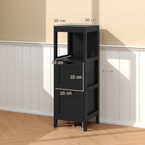 Armário para casa de banho com gavetas de arrumação 30 x 30 x 89 cm, com 2 gavetas extraíveis, lateral estreita,  preto