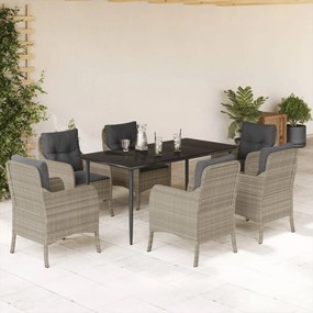 vidaXL 7 pcs conj. jantar p/ jardim c/ almofadões vime PE cinza-claro