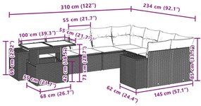 10 pcs conjunto sofás de jardim c/ almofadões vime PE preto