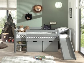 Conjunto Cama alta de Criança PINO 90 x 200 cm + estrado + escada + escorrega + conjunto de 2 gavetas Cinzenta