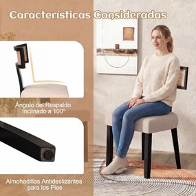 Conjunto de 2 cadeiras de jantar em madeira de borracha, com assento estofado, encosto largo e rattan; para sala de estar, quarto ou restaurante; pret