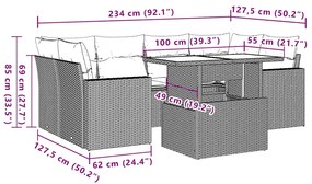 7 pcs conjunto de sofás p/ jardim com almofadões vime PE bege