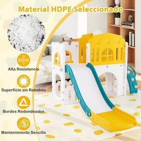 Escorrega infantil 9 em 1 com cesto de basquetebol, telescópio, ponte suspensa e túnel para 1+ anos 176 x 138 x 80 cm amarelo