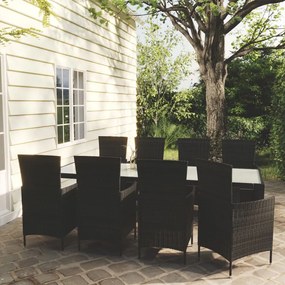 vidaXL 9 pcs conjunto jantar exterior com almofadões vime PE preto