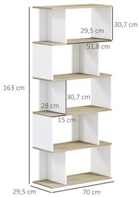 Estante para Livros Estilo Nórdico Estante com 5 Prateleiras Anti-Tombo Carga 25 kg 70x29,5x163 cm Branco e Madeira