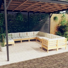 vidaXL 11 pcs conjunto lounge de jardim c/ almofadões cor creme pinho