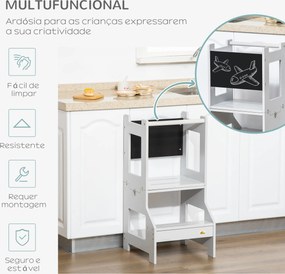 Torre de Aprendizagem para Crianças de Madeira Convertível em Secretária com Ardósia e Barra de Segurança 42x44x86 cm Cinza