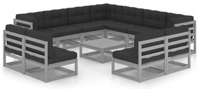 12pcs conjunto lounge de jardim + almofadões pinho maciço cinza