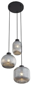 Candeeiro suspenso de design preto com vidro fumado e 3 luzes - Ana Design