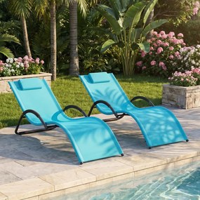 Conjunto de 2 espreguiçadeiras de exterior com estrutura curva, encosto de cabeça removível e apoios de braços ergonómicos para jardim ou praia, azuis