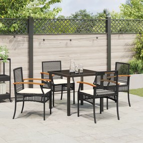 Conjunto de Jantar de Jardim 5 Peças com Almofadas Preto Vime PE