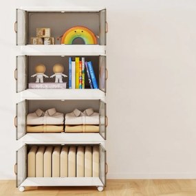 4 Caixas de armazenamento 284 L com tampa empilháveis com rodas e portas Organizador dobrável para quarto Branco