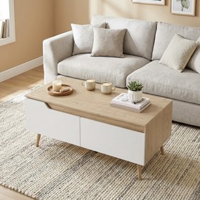 Mesa de Centro com 2 Gavetões e Pés de Madeira de Borracha 100x50x46 cm Carvalho