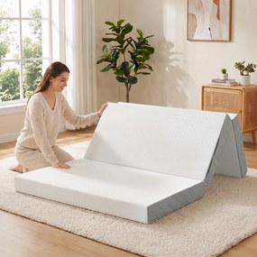 Colchão dobrável em 3 partes, 140 x 190 x 15 cm, colchão auxiliar de espuma com memória de forma e gel, branco