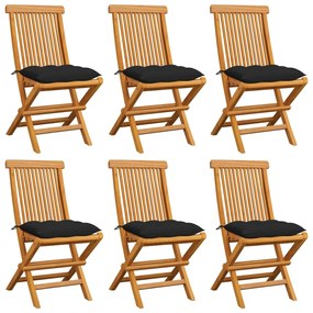 vidaXL Cadeiras de jardim c/ almofadões pretos 6 pcs teca maciça