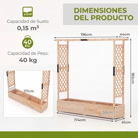 Floreira elevada 196 x 44 x 182 cm em madeira de abeto com treliça, 2 painéis, teto plano, 2 vasos e sistema de drenagem, para jardim, terraço ou páti