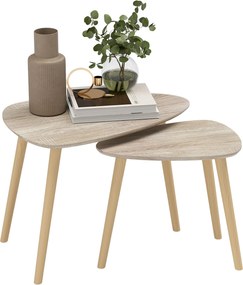 Conjunto de 2 mesas baixas encaixáveis de design escandinavo, com pés e tampo em madeira, com acabamento natural