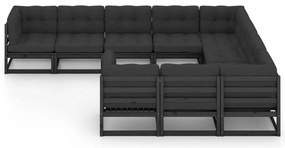10 pcs conjunto longue jardim c/ almofadões pinho maciço preto