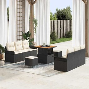 vidaXL Conjunto de Sofá de Jardim de 9 Peças com Almofadas Preto em Rattan e Acácia