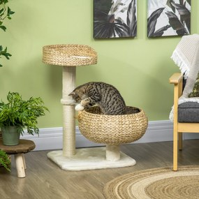 Arranhadores para gatos com arranhador de 2 níveis, altura de 72 cm, poste de sisal com nicho e plataforma, 1 bola suspensa