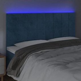 Cabeceira cama c/ luzes LED veludo 200x5x118/128cm azul-escuro