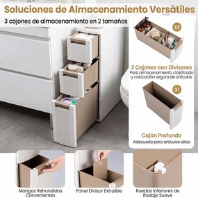 Móvel de Arrumação Estreito com 3 Gavetas, 45,5 x 18 x 76 cm, Com Rodas, Bege