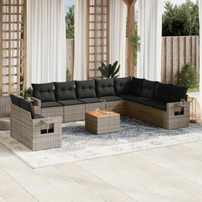 11 pcs conjunto sofás de jardim c/ almofadões vime PE cinzento