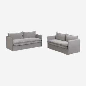 Conjunto De Sala Com Sofá De 2 Lugares E Sofás De 3 Lugares Em Linho E Algodão Grace Tecido Cinzento Escuro - Sklum