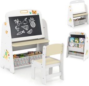Conjunto de mesa e cadeira para crianças com quadro branco magnético e Quadro de giz Branco e natural